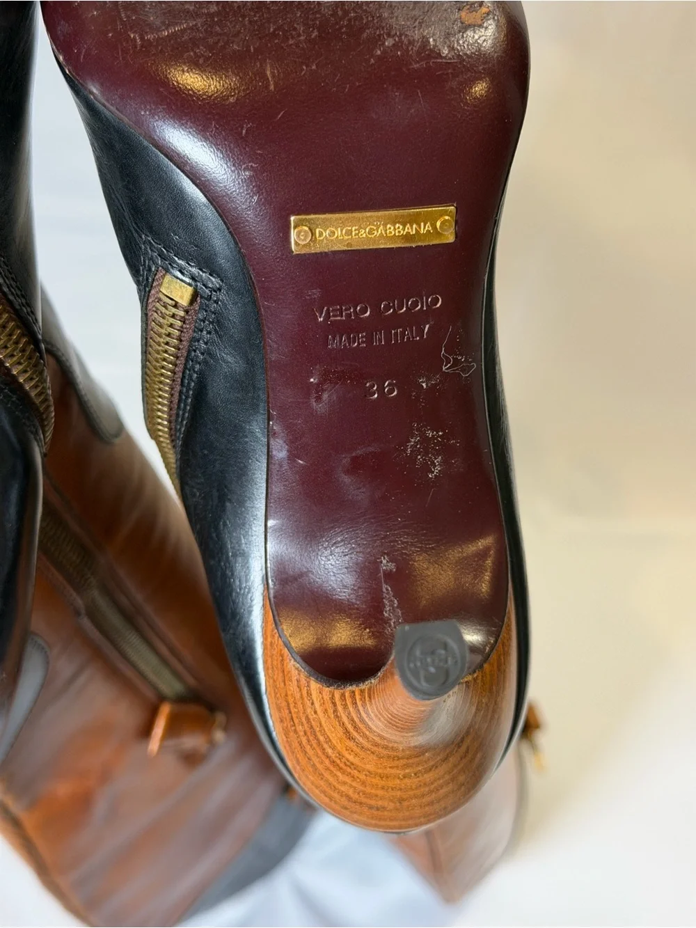 Vintage Dolce & Gabbana Black & Tan Leather Pointed Toe Knee High Boots IT 36 6